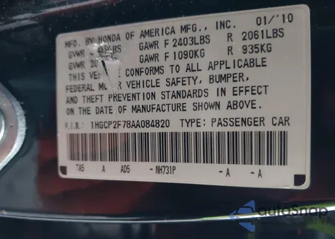 2010 Honda Accord 2.4 Ex из США, поврежденный, VIN 1HGCP2F78AA084820